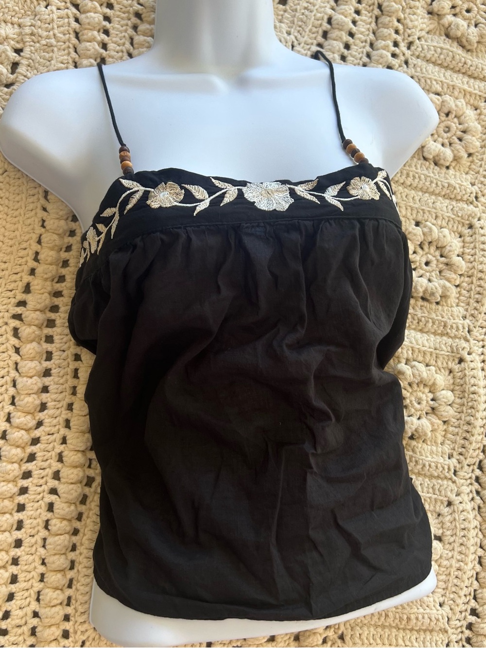 Love Notes Black Spaghetti Strap Camisole with Floral Embroidery 100% Cotton
